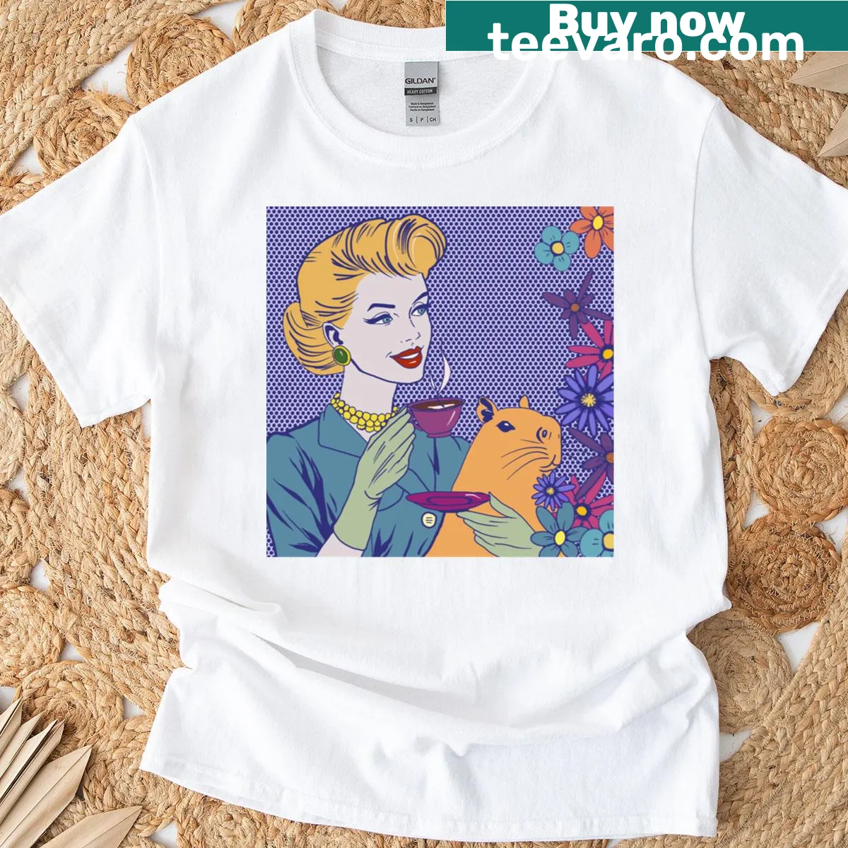 T-shirt featuring a woman with a capybara and coffee illustration — on a men's t-shirt