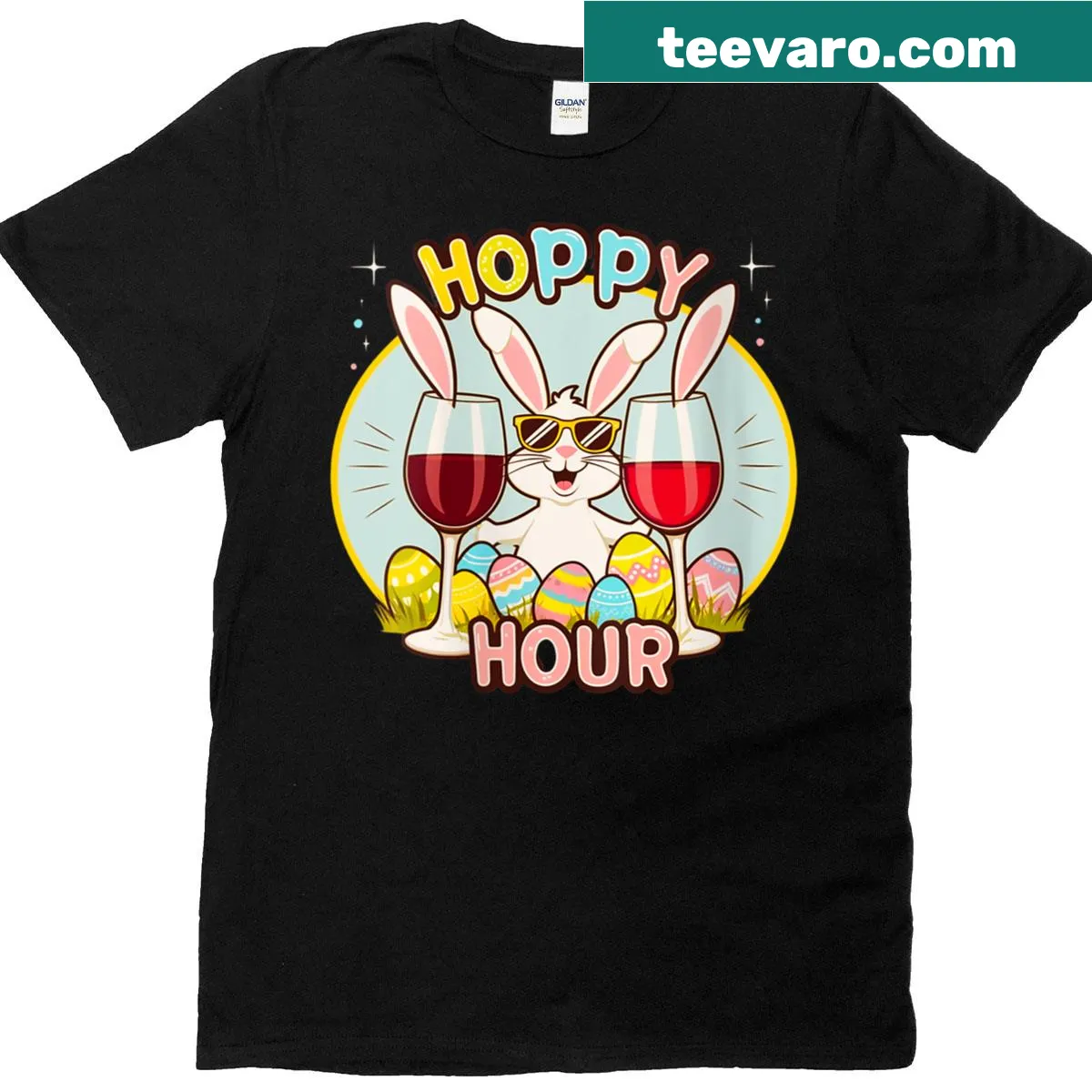 Funny T-shirt with 'Hoppy Hour' Easter Bunny graphic — on a men's t-shirt