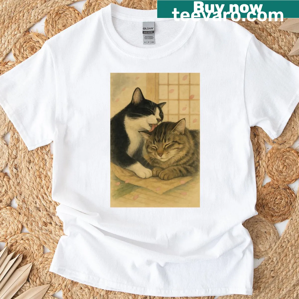 Romantic watercolor cat t-shirt with sakura blossoms for cat lovers — on a men's t-shirt