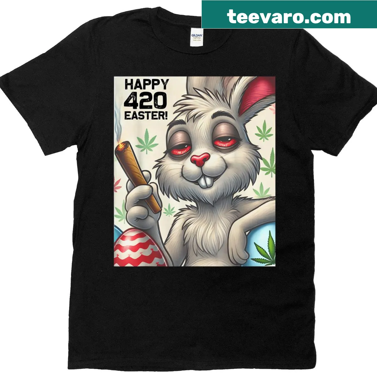 Funny Easter Bunny smoking cannabis graphic on T-shirt — on a men's t-shirt