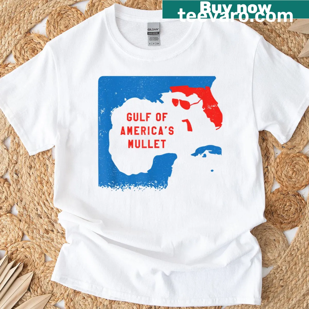 Funny 4th of July t-shirt featuring Gulf of Americas mullet design — on a men's t-shirt