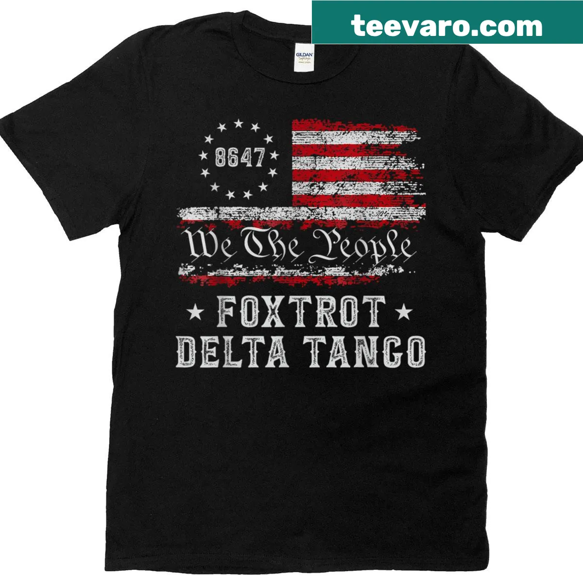 Anti-Trump t-shirt with military terms and flag design — on a men's t-shirt