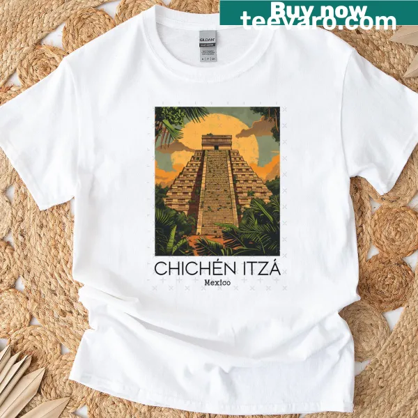 Vintage travel art T-shirt featuring Chichén Itzá, Mexico
