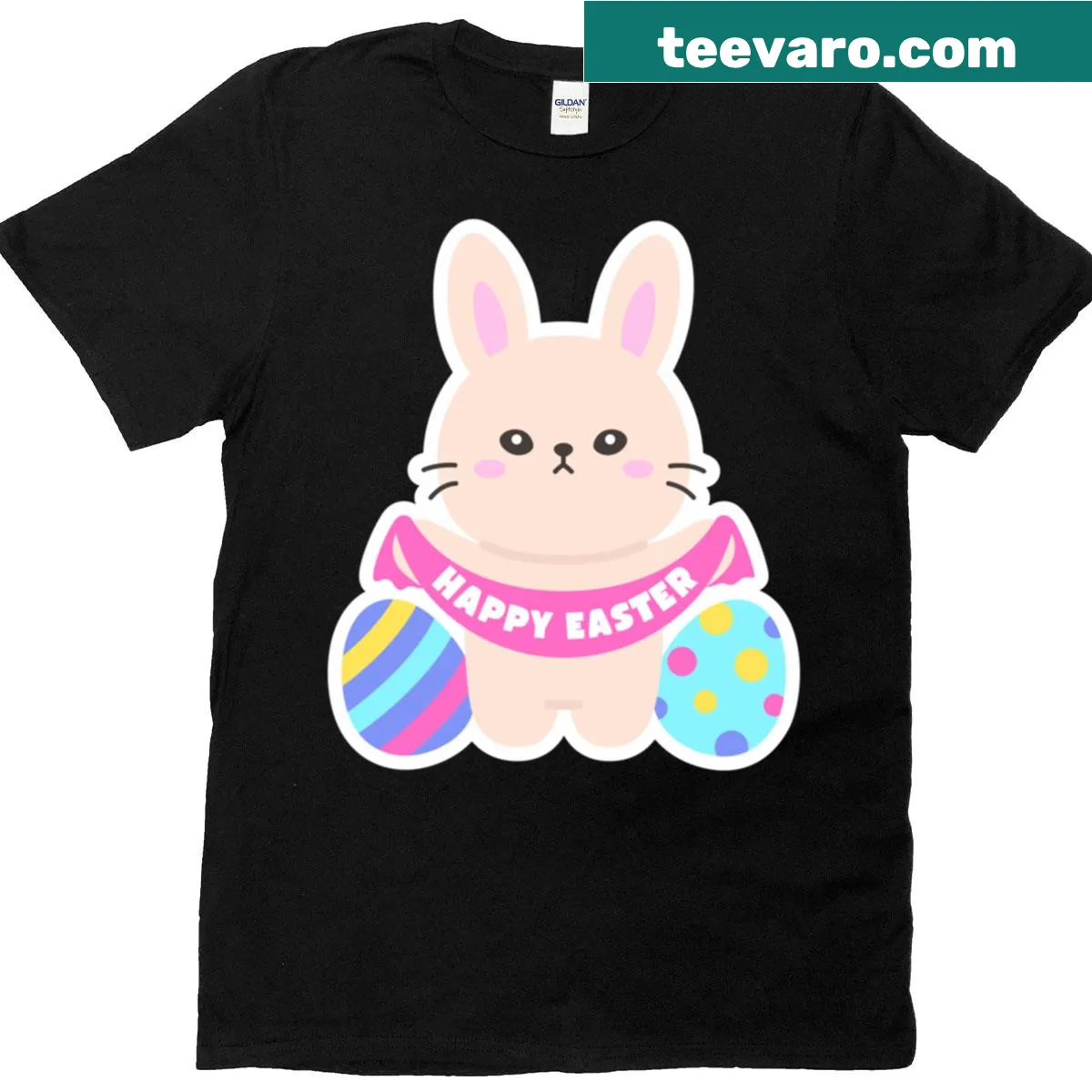 Cute Easter Bunny T-shirt with Happy Easter banner and eggs — on a men's t-shirt