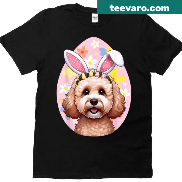 Cute puppy with bunny ears and flowers on an Easter-themed t-shirt