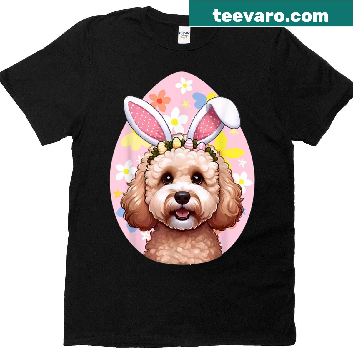 Cute puppy with bunny ears and flowers on an Easter-themed t-shirt — on a men's t-shirt