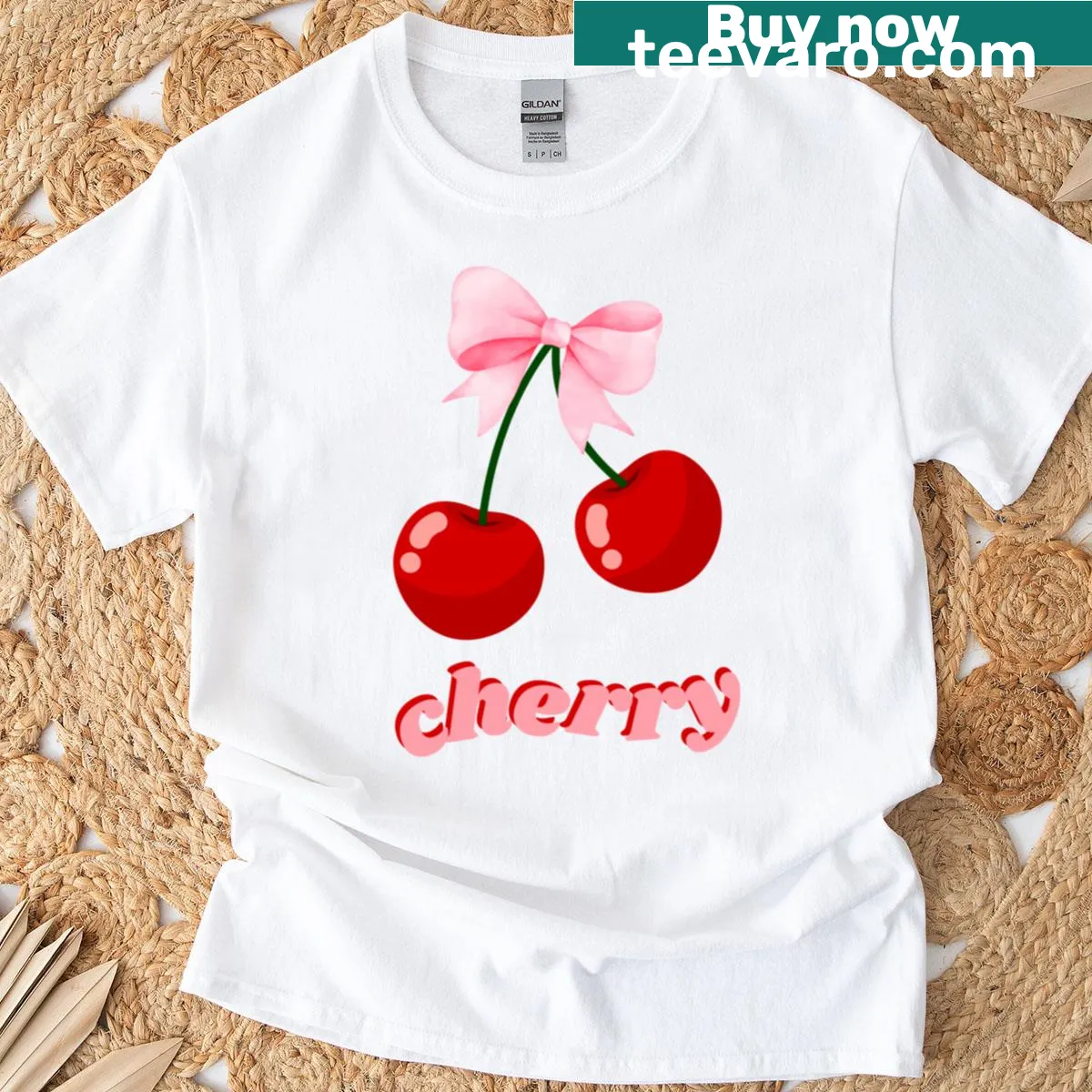 T-shirt featuring aesthetic cherries design with a pink bow — on a men's t-shirt
