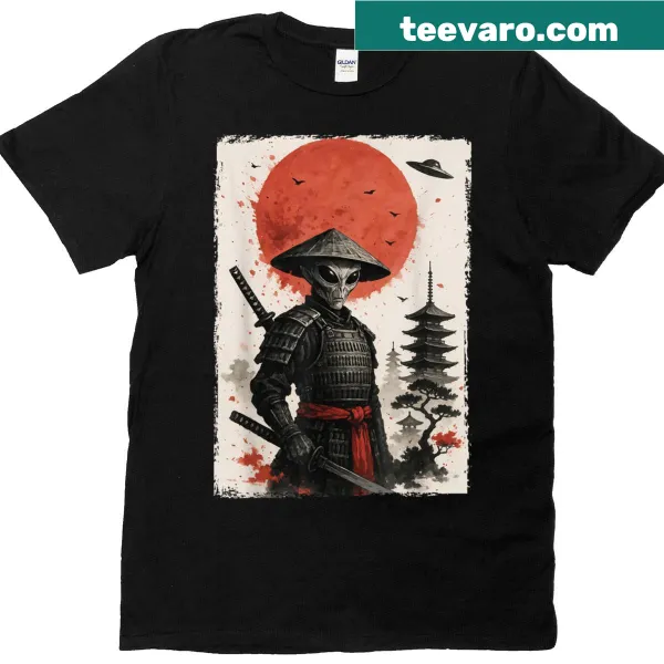 T-shirt with alien samurai and UFO in Ukiyo-e style