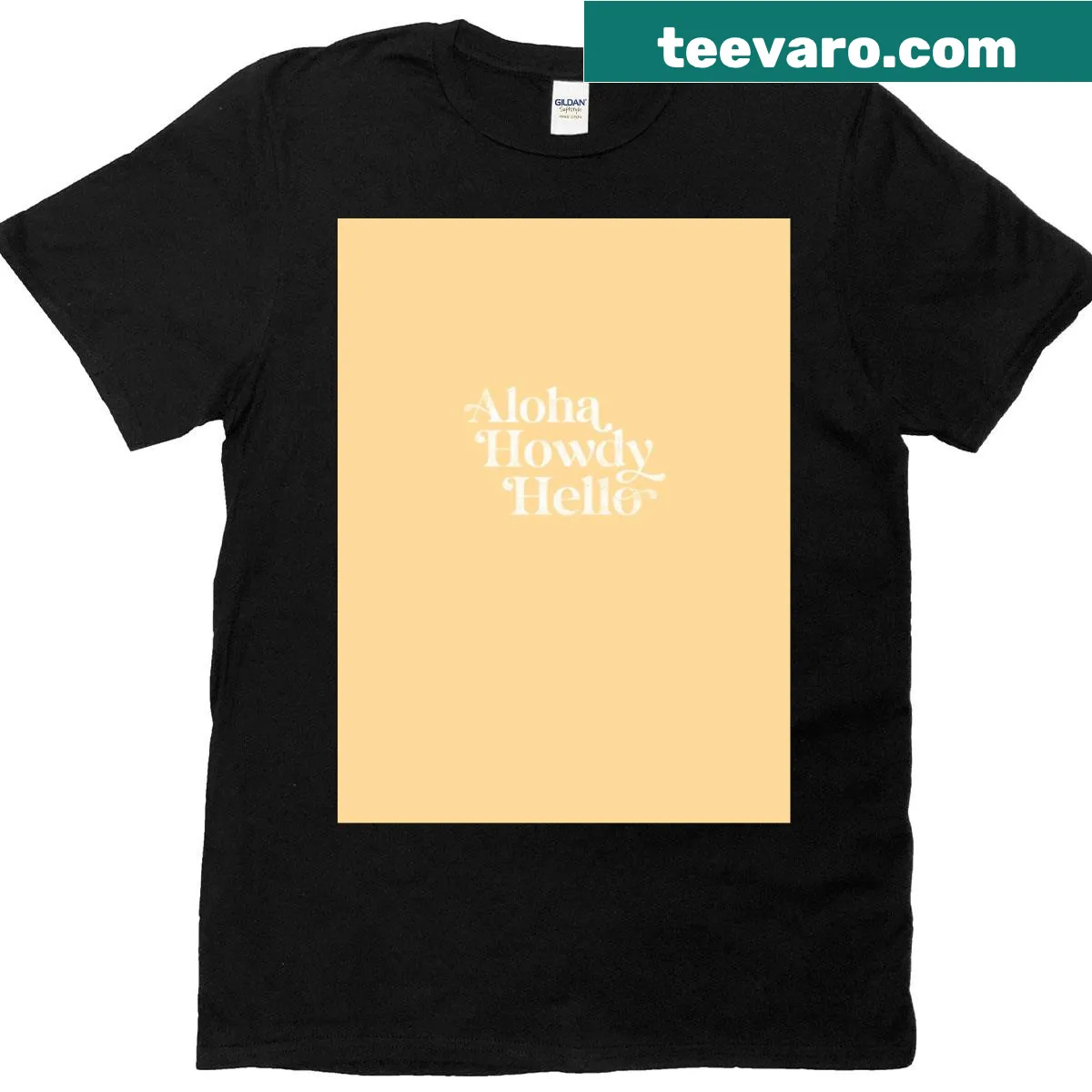 Bright graphic T-shirt with Aloha, Howdy, Hello greetings — on a men's t-shirt