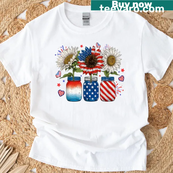 T-shirt featuring American flag jars and sunflowers design
