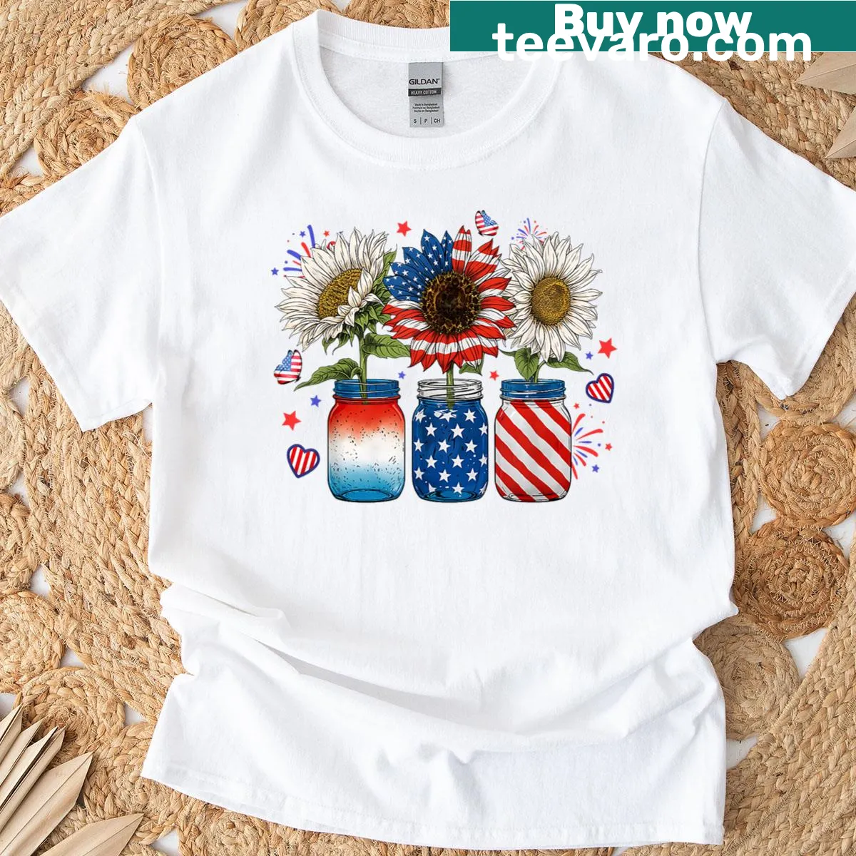 T-shirt featuring American flag jars and sunflowers design — on a men's t-shirt