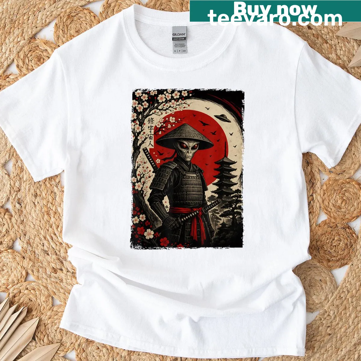 T-shirt combining Ukiyo-e art with an alien samurai and cherry blossoms — on a men's t-shirt