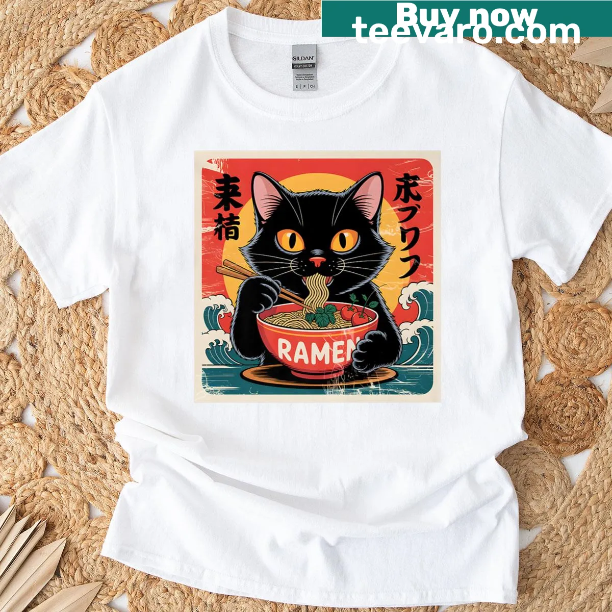 Kawaii cat eating ramen with Japanese wave design on a T-shirt — on a men's t-shirt
