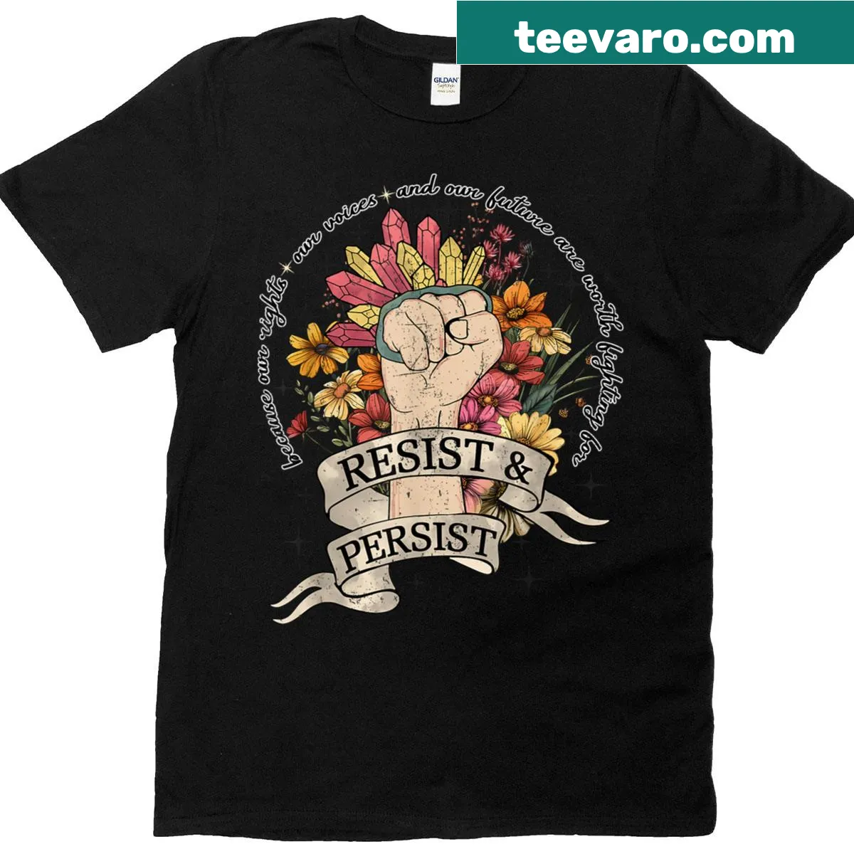 Feminist t-shirt with bold typography emphasizing women's rights and protest. — on a men's t-shirt
