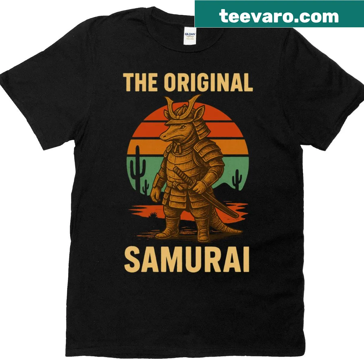 Illustrated armadillo in samurai attire, celebrating its Wild West spirit. — on a men's t-shirt