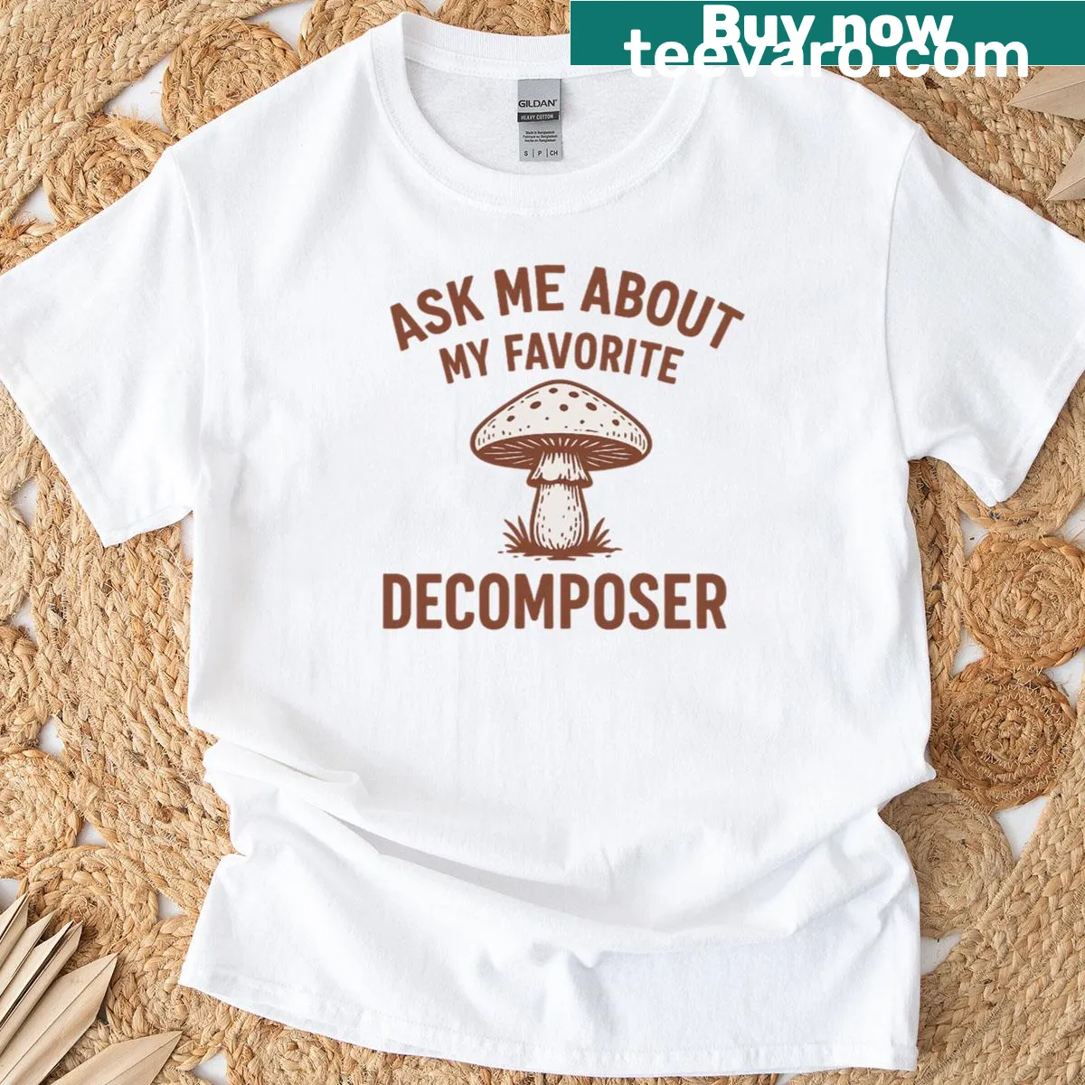 Fun shirt with 'Ask Me About My Favorite Decomposer' text for mushroom lovers — on a men's t-shirt