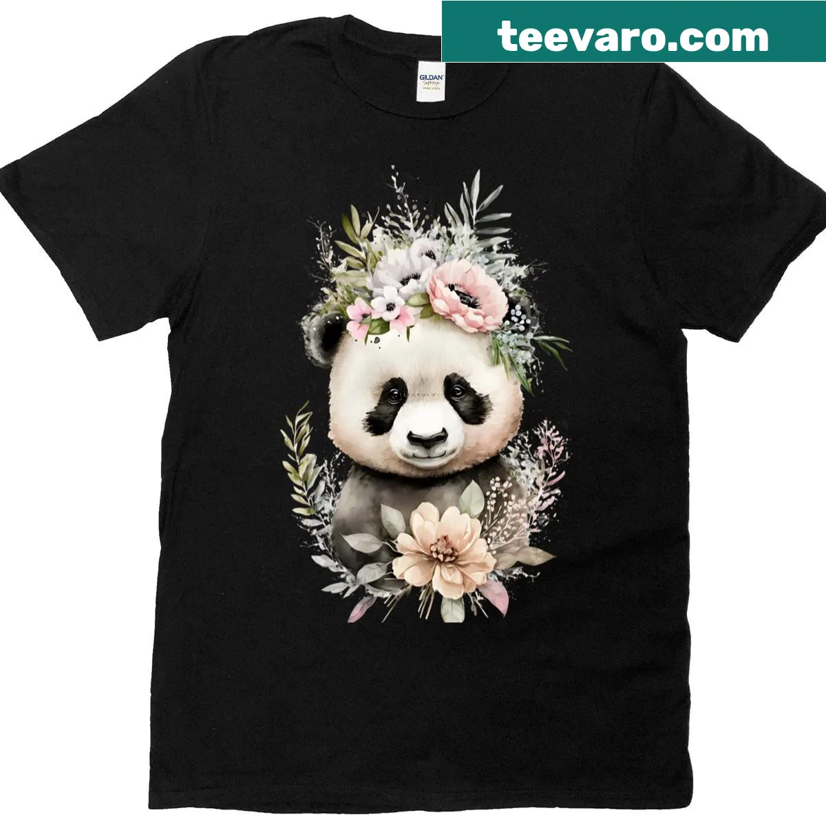 Cute illustration of a baby panda bear with flowers — on a men's t-shirt