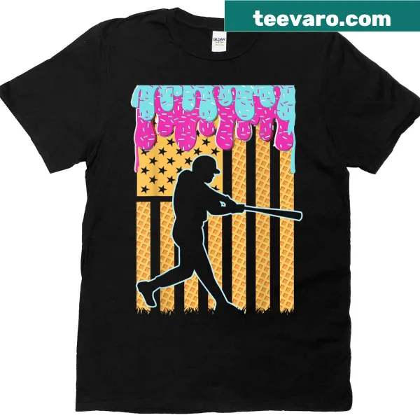 Cartoon baseball bat and ice cream American flag graphic t-shirt