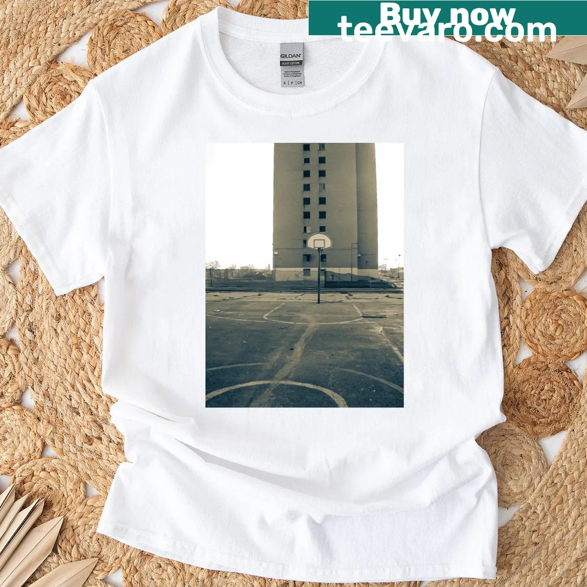 Realistic graphic of the basketball court at Robert Taylor Projects — on a men's t-shirt