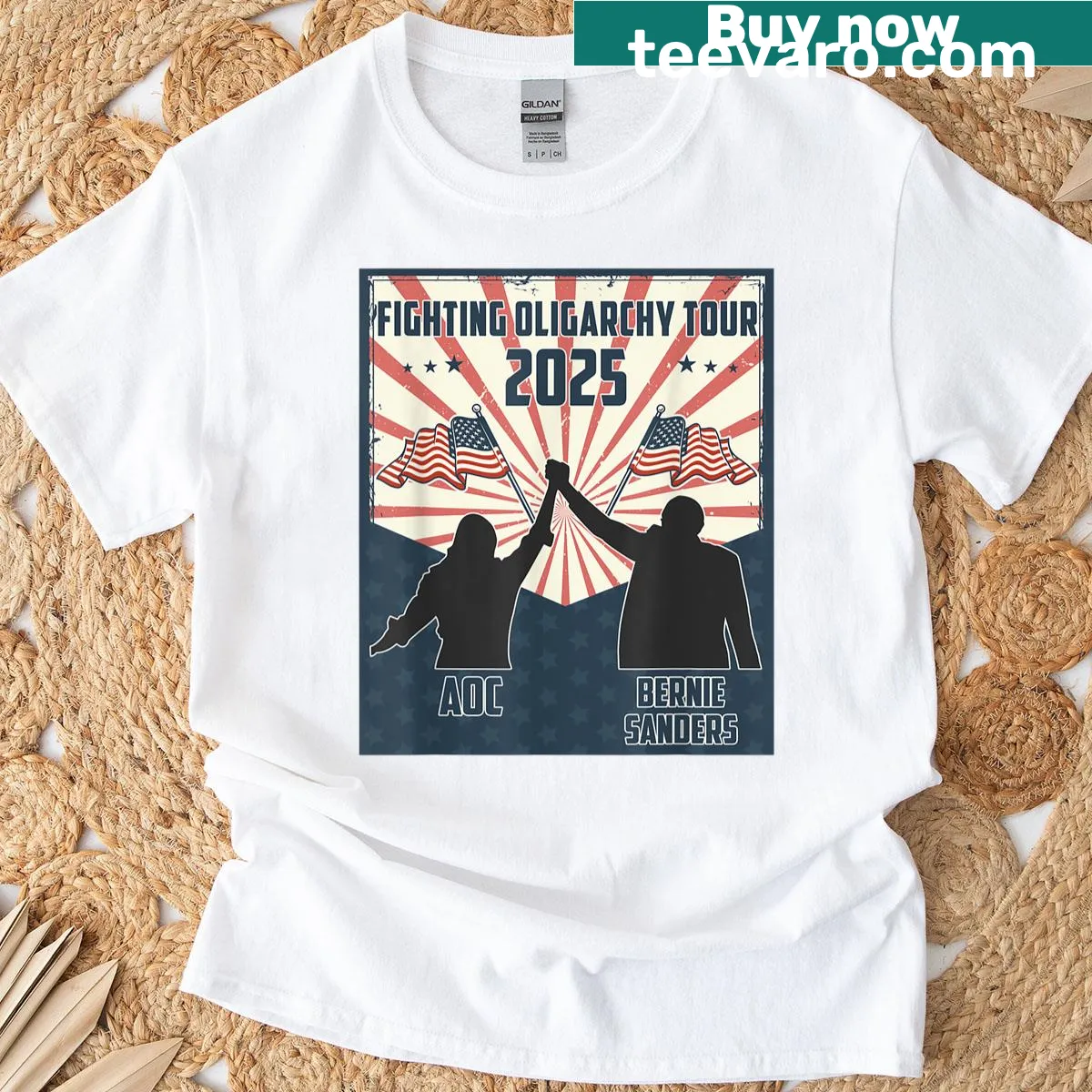 Bold text T-shirt supporting Bernie Sanders and AOC fighting oligarchy — on a men's t-shirt