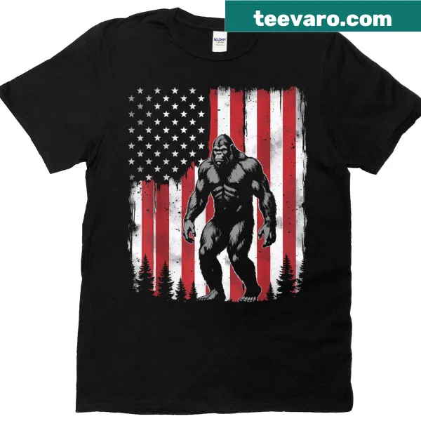 Bigfoot graphic T-shirt with American flag design for patriotic celebrations.