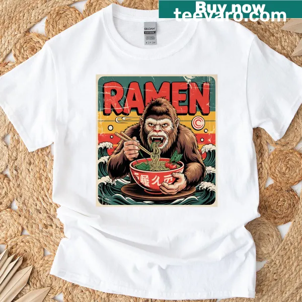 Vintage ramen t-shirt featuring Bigfoot and Japanese wave art.