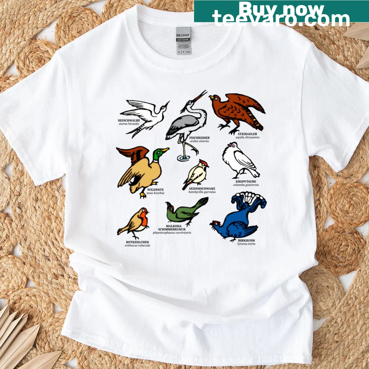 T-shirt with illustrations of various bird species in a drawing school theme — on a men's t-shirt