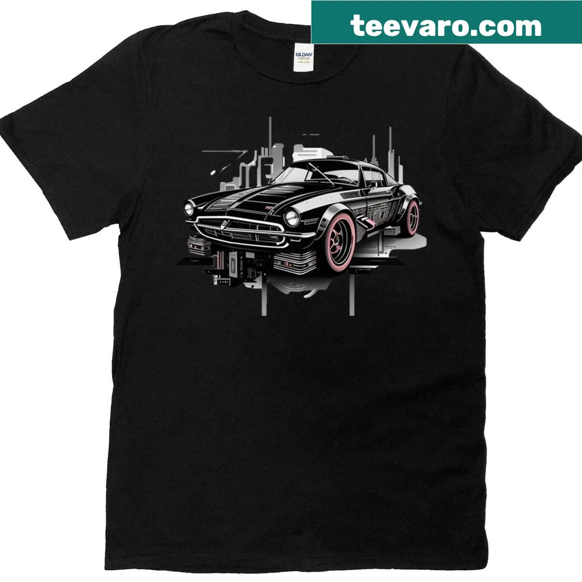 T-shirt with bold black and red car graphics — on a men's t-shirt