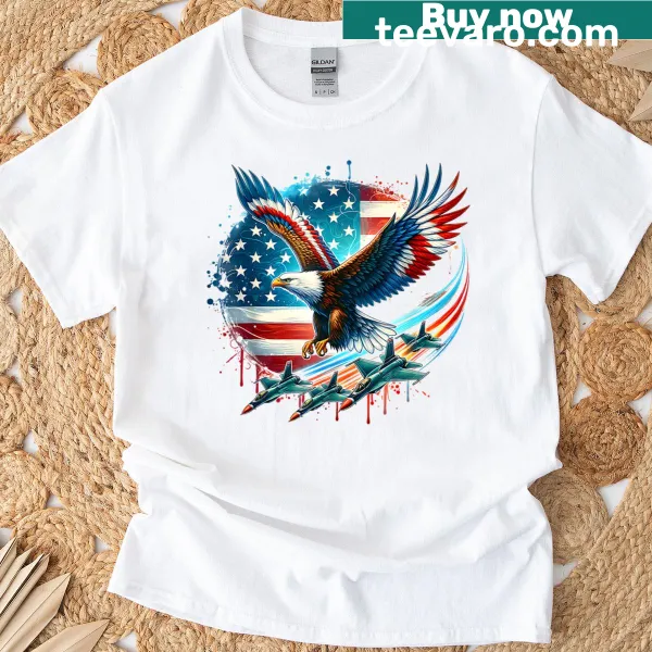 Patriotic design with bald eagle, USA flag, and fighter jet