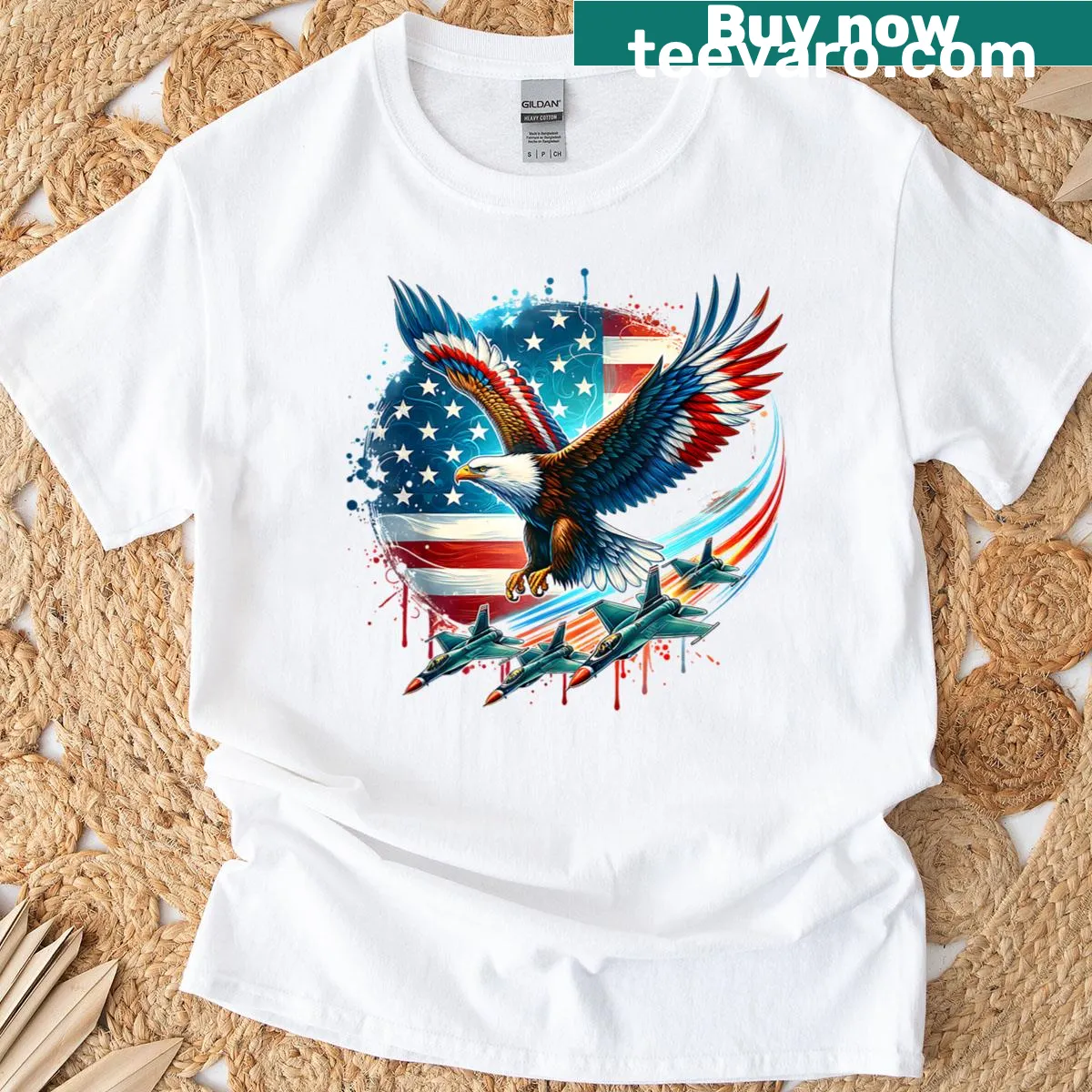Patriotic design with bald eagle, USA flag, and fighter jet — on a men's t-shirt