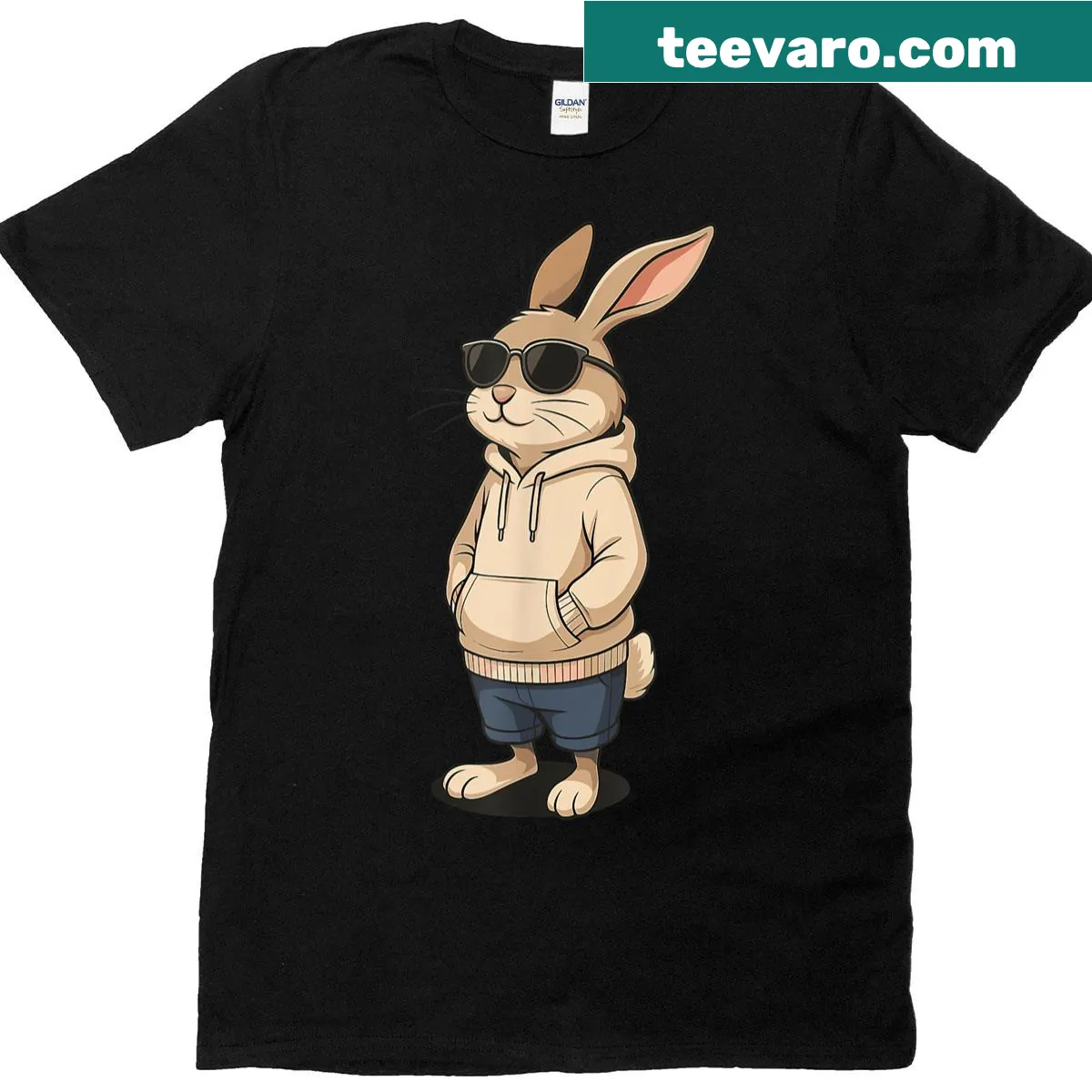 Cartoon bunny face with sunglasses graphic for Easter on T-shirt — on a men's t-shirt