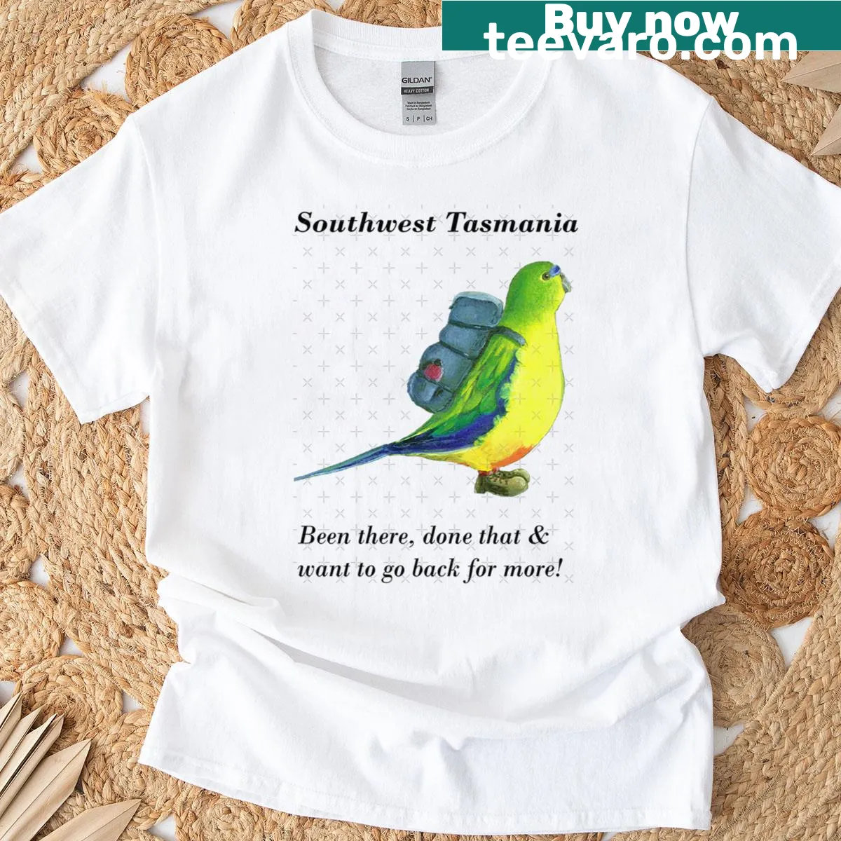 Vintage-style T-shirt featuring a graphic of bushwalking in Tasmania. — on a men's t-shirt