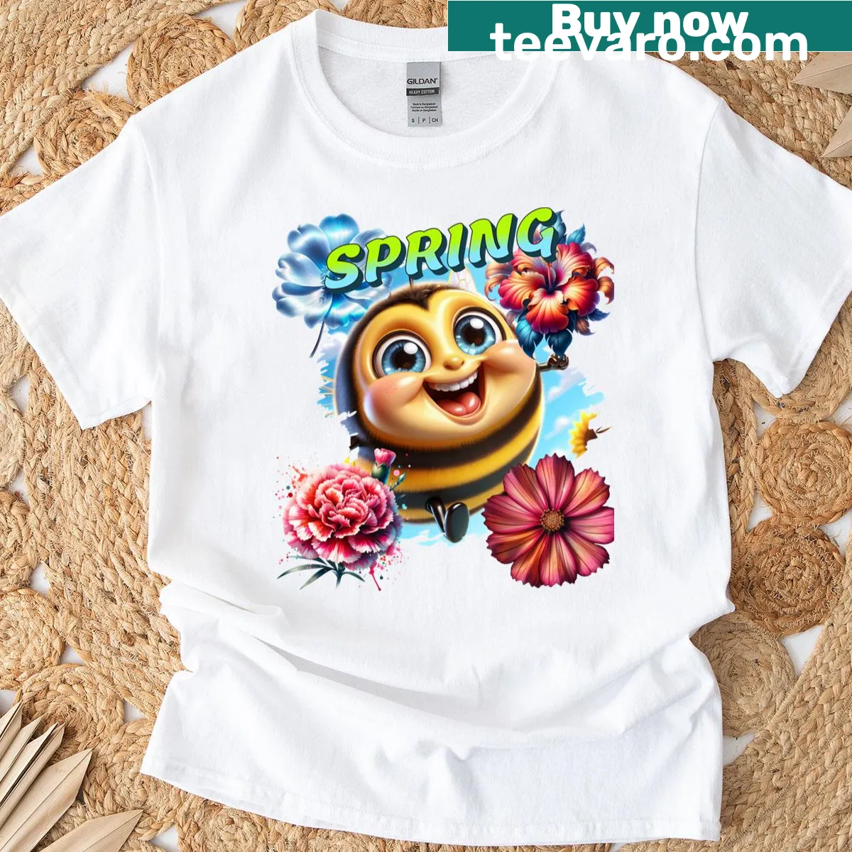 T-shirt featuring a cheerful bee surrounded by flowers, celebrating spring. — on a men's t-shirt