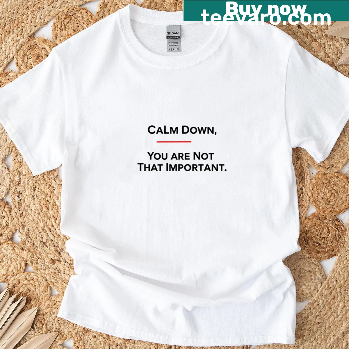 Sarcastic T-shirt featuring the phrase 'Calm Down You’re Not That Important'. — on a men's t-shirt