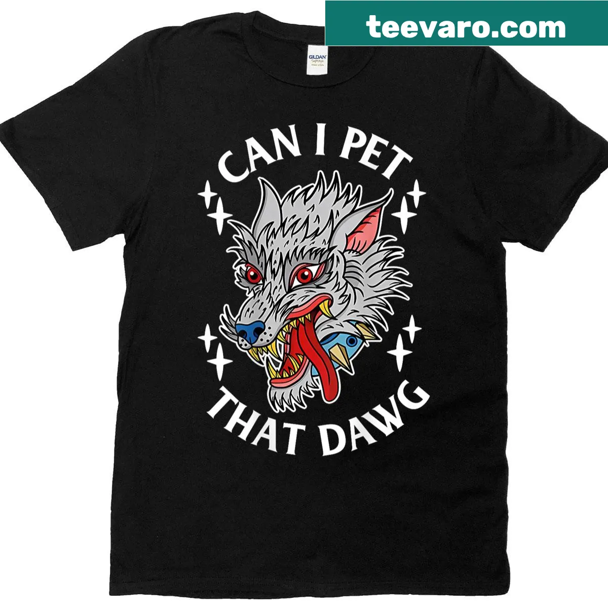 T-shirt featuring a wolf tattoo design and text 'Can I Pet That Dawg?' — on a men's t-shirt
