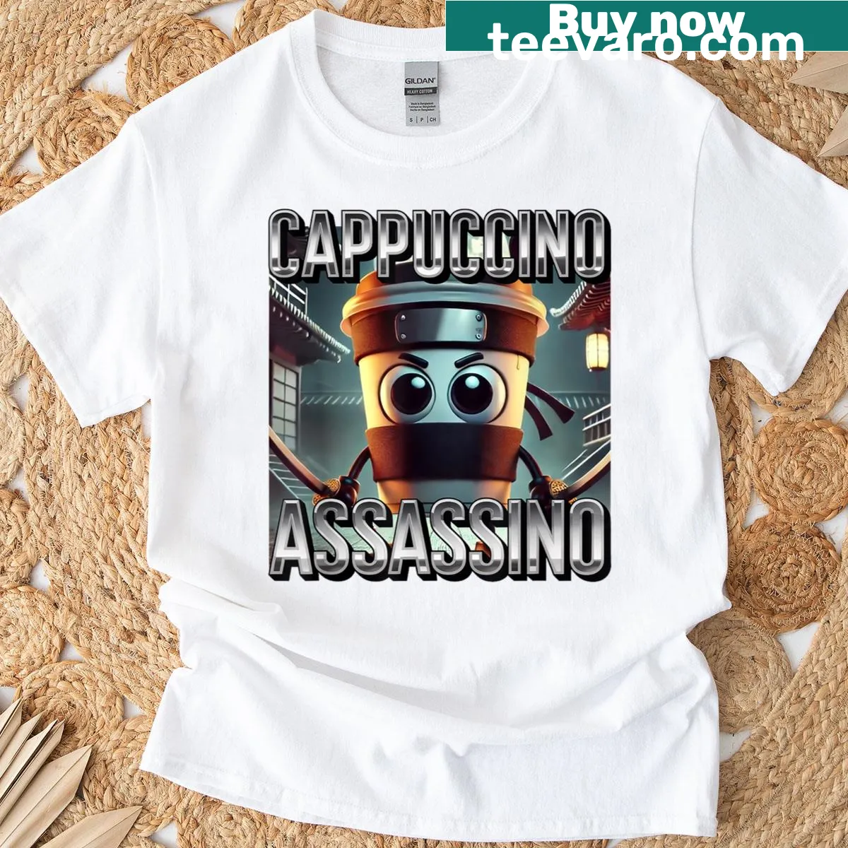 Funny T-shirt for coffee lovers featuring 'Cappuccino Assassino' text design. — on a men's t-shirt