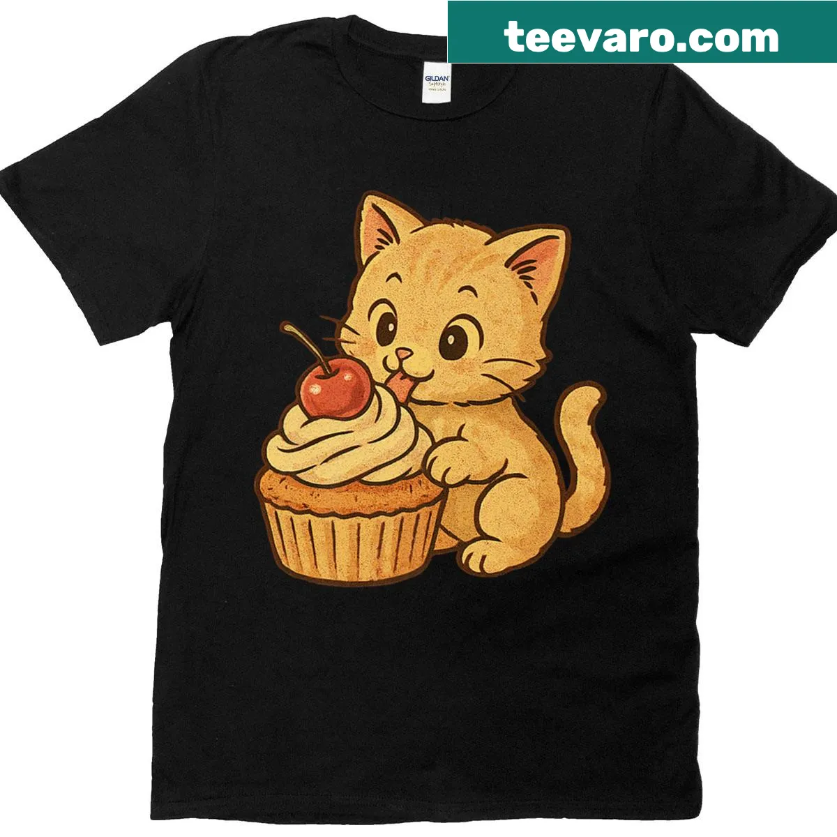 Retro t-shirt featuring a cute cat and cherry cream cupcake graphic — on a men's t-shirt