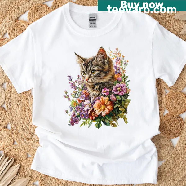 T-shirt with a cute kitten surrounded by floral elements.