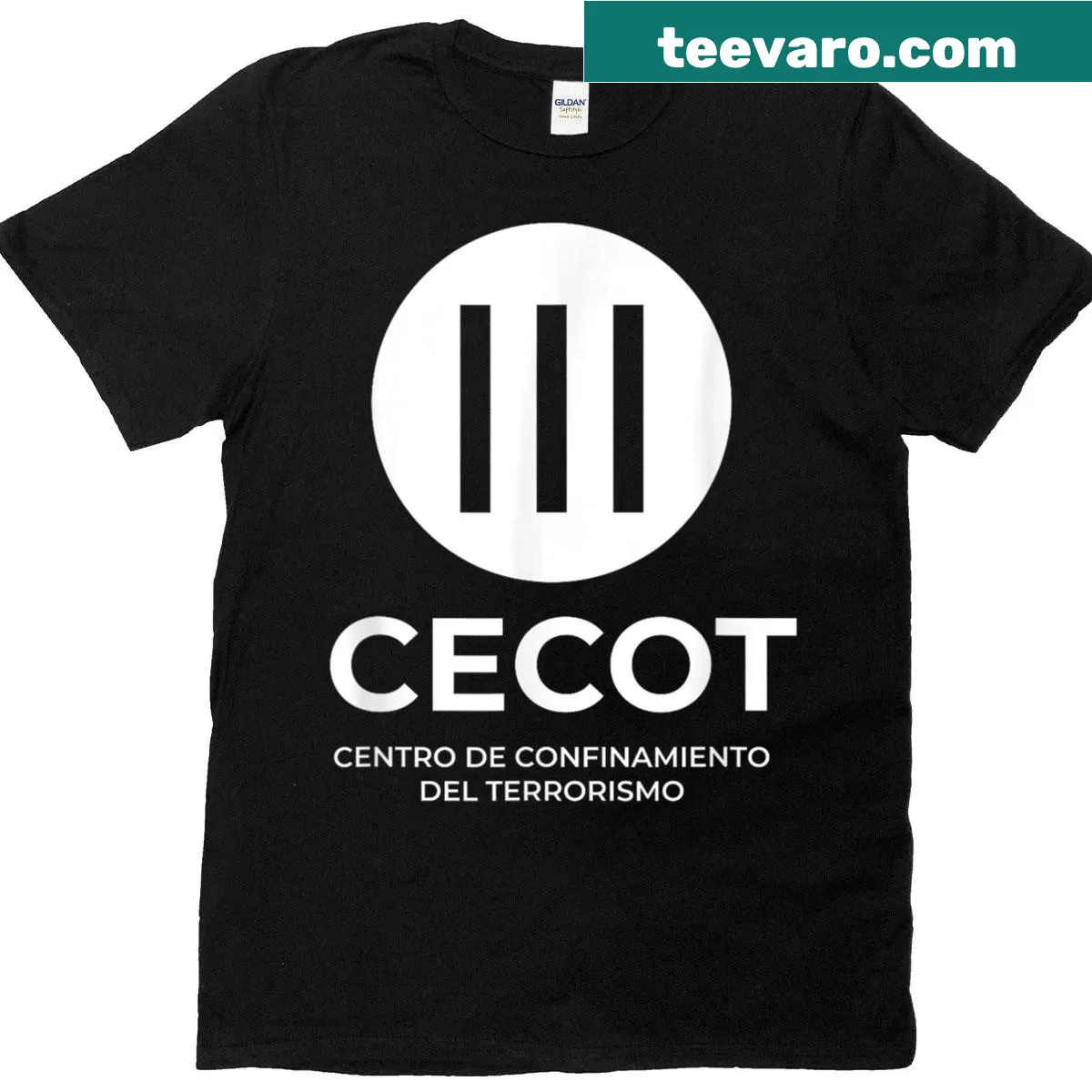 Funny Halloween t-shirt with the phrase 'Cecot Prison' — on a men's t-shirt