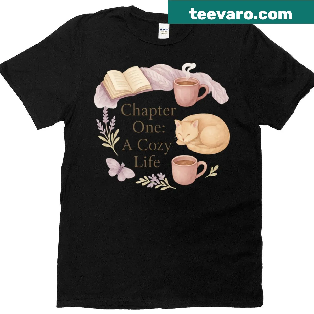 Watercolor graphic T-shirt depicting a cozy life theme — on a men's t-shirt