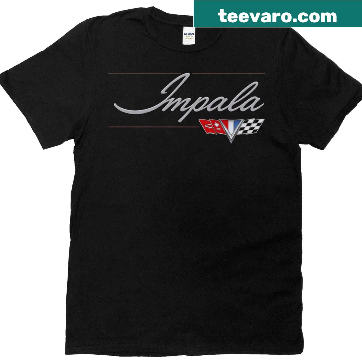 Illustrated Chevy Impala graphic T-shirt with amp accessories — on a men's t-shirt
