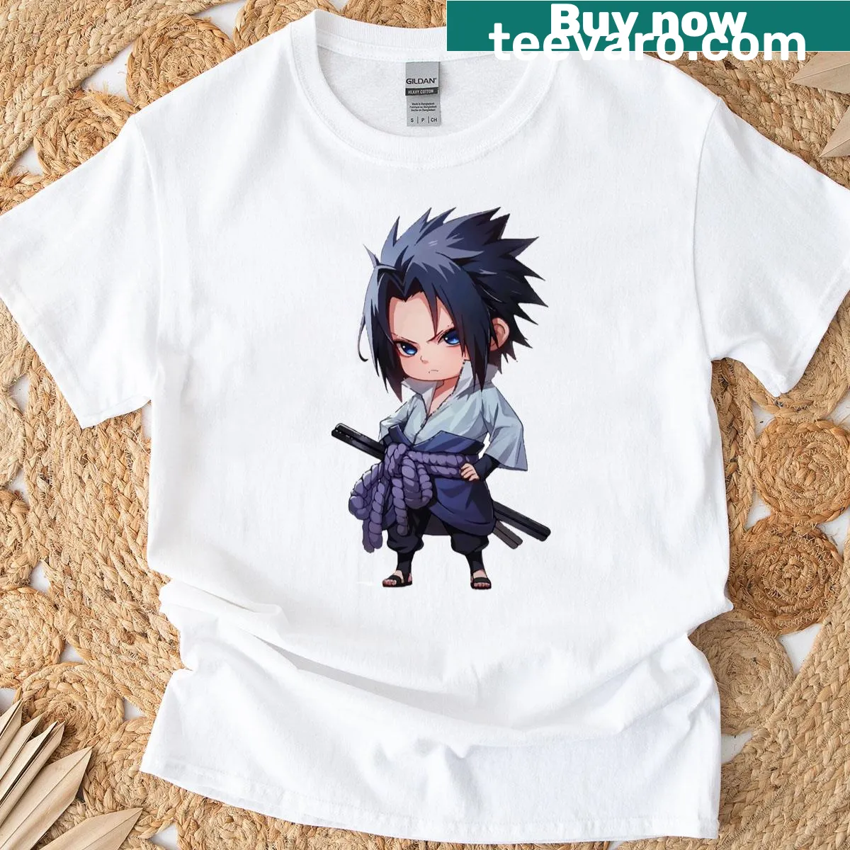 Chibi Sasuke Uchiha anime character graphic on T-shirt — on a men's t-shirt