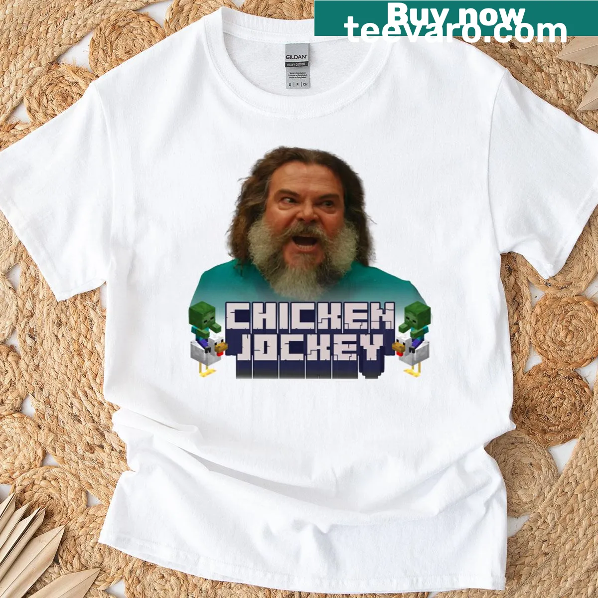 Humorous chicken jockey graphic on T-shirt — on a men's t-shirt