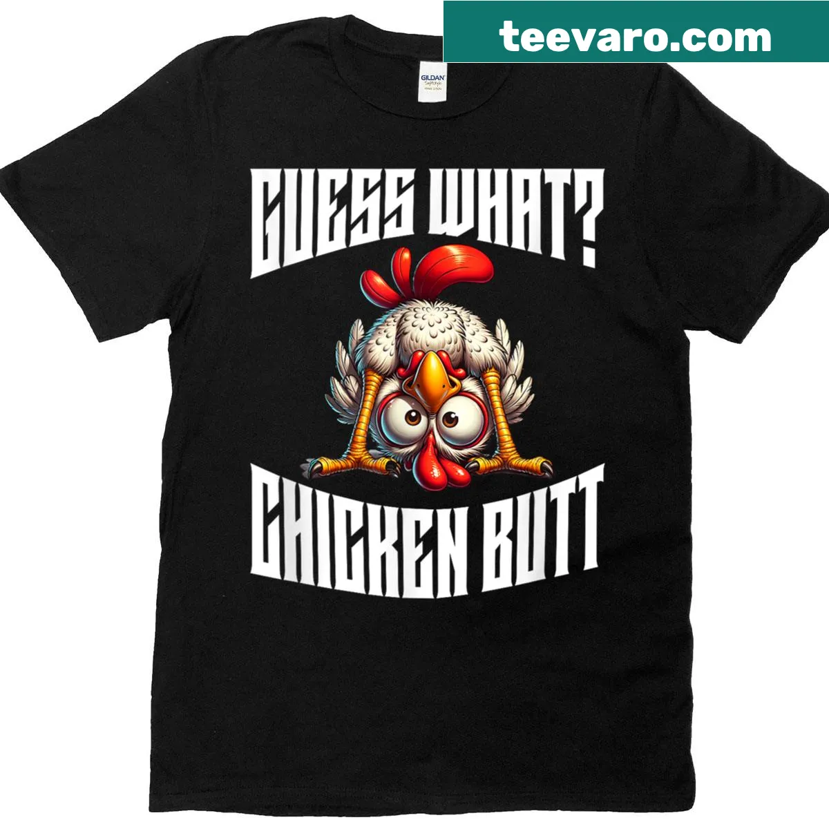 Funny Chicken Meme T-shirt with the phrase 'Guess What Chicken Butt' — on a men's t-shirt