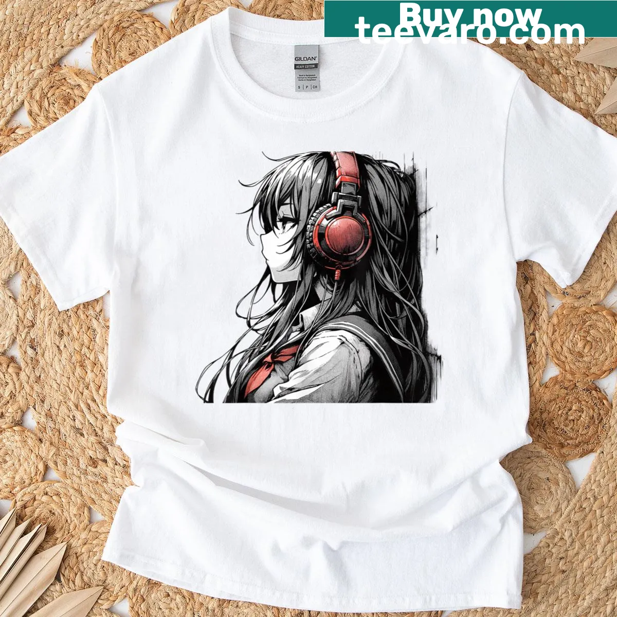Anime girl with headphones in cute lo-fi aesthetic design — on a men's t-shirt