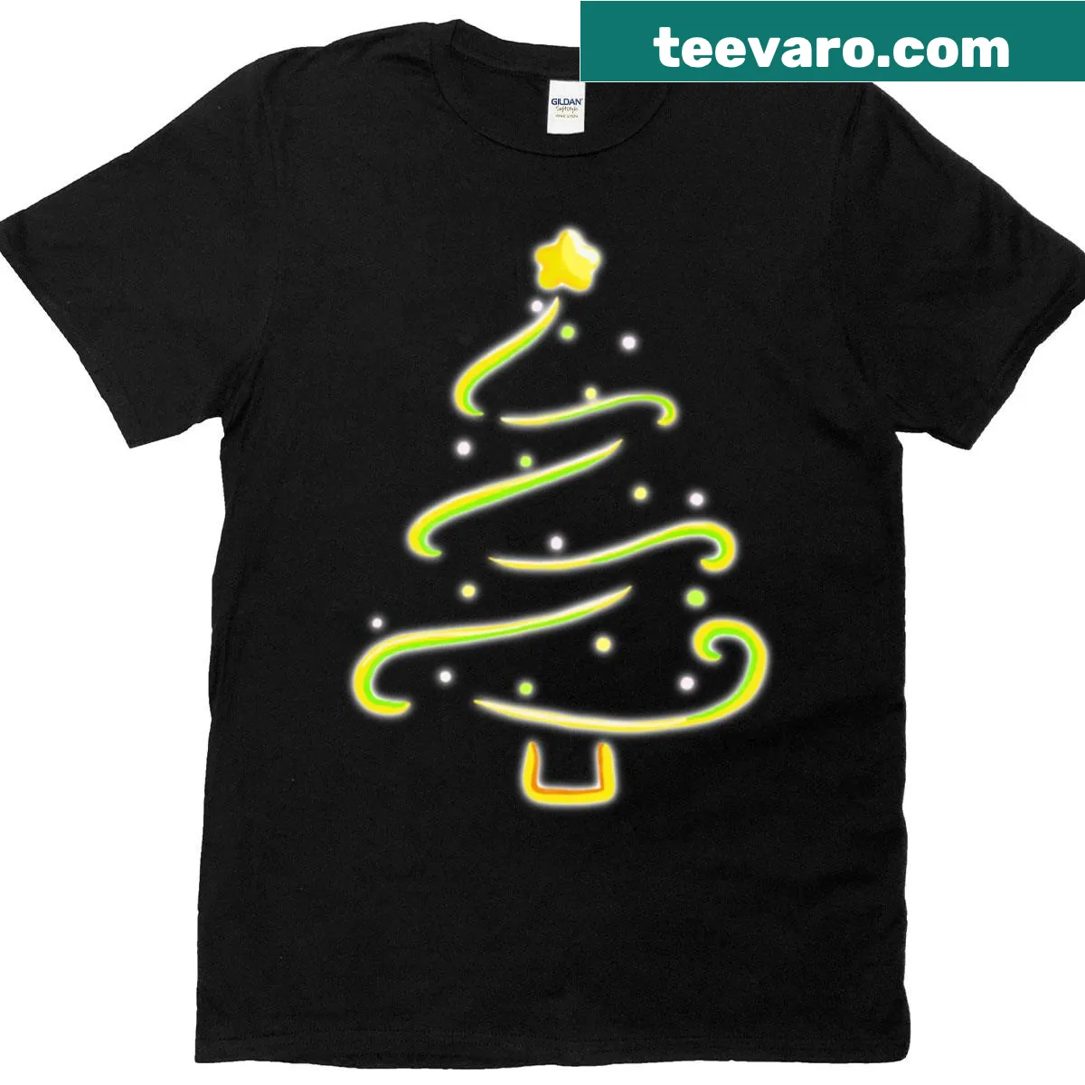 Christmas T-shirt with tree design and star in dark background — on a men's t-shirt