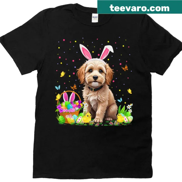 Cockapoo wearing bunny ears on a T-shirt for Easter