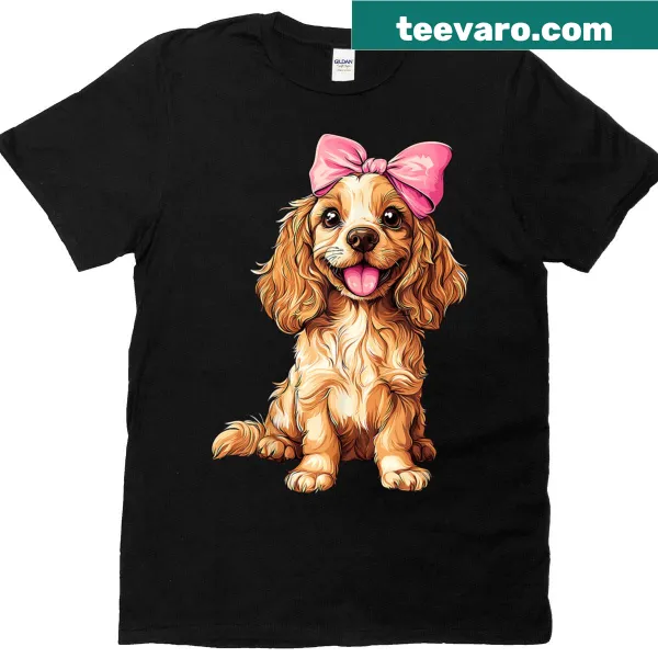 Illustrated Cocker Spaniel with bow on a cute dog mom T-shirt.