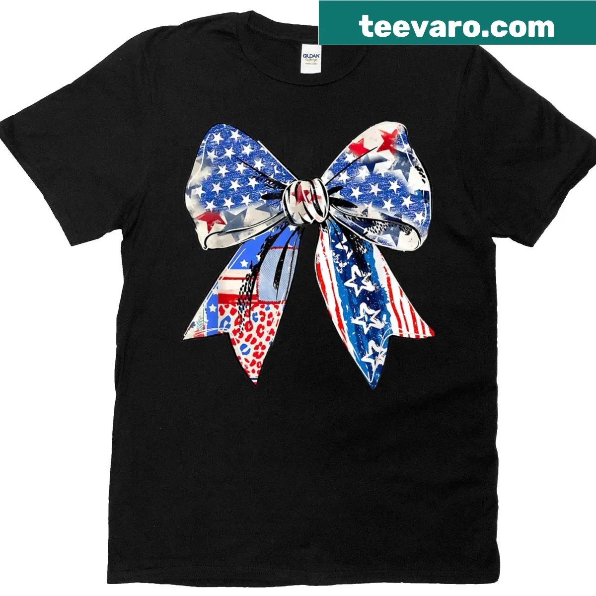 Retro July 4th T-shirt with patriotic bows in red, white, and blue — on a men's t-shirt