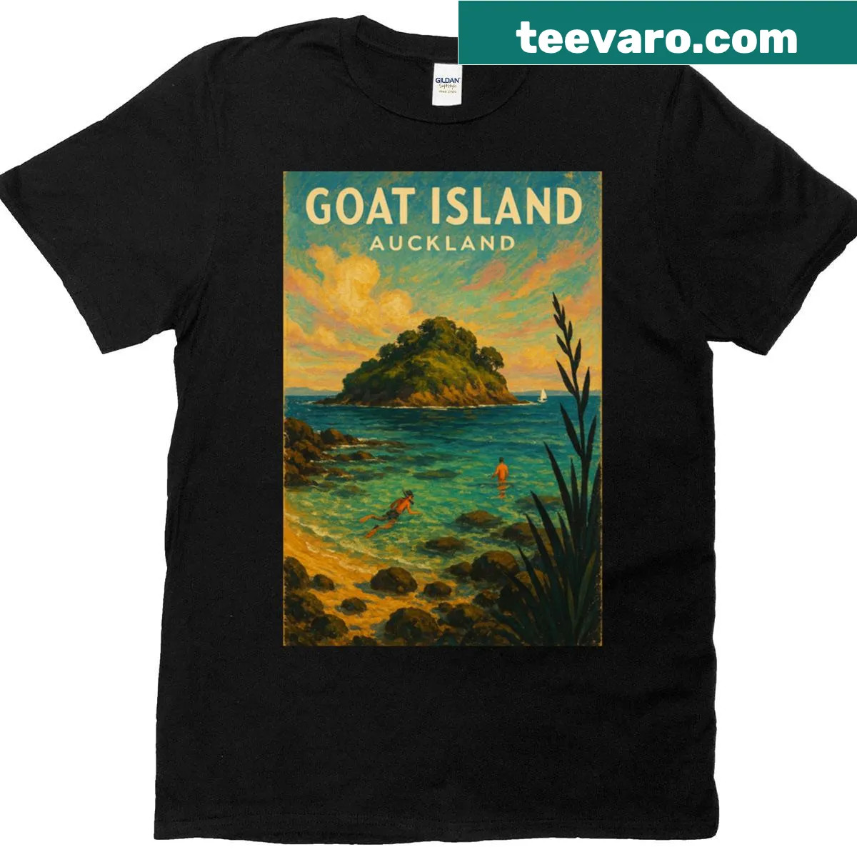 Illustrated Goat Island Auckland coast T-shirt with crystal waters — on a men's t-shirt